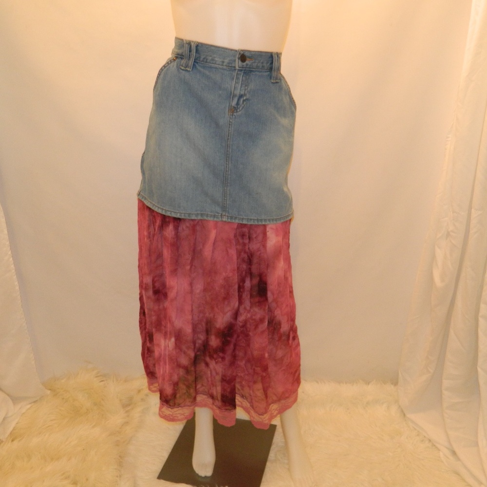 Size 10 Denim Festival folk maxi skirt/Boho upcycled skirt with Free Shipping